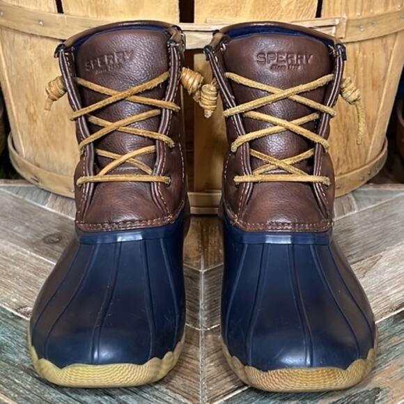 Sperry Saltwater Navy Brown Leather Rubber Waterproof Duck Boots Girls Size 5 - Picture 4 of 12